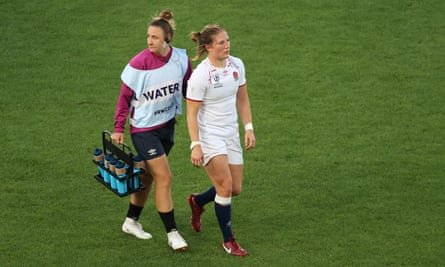 Lydia Thompson of England leaves the field after receiving a red card during the 2021 Rugby World Cup final match against New Zealand.