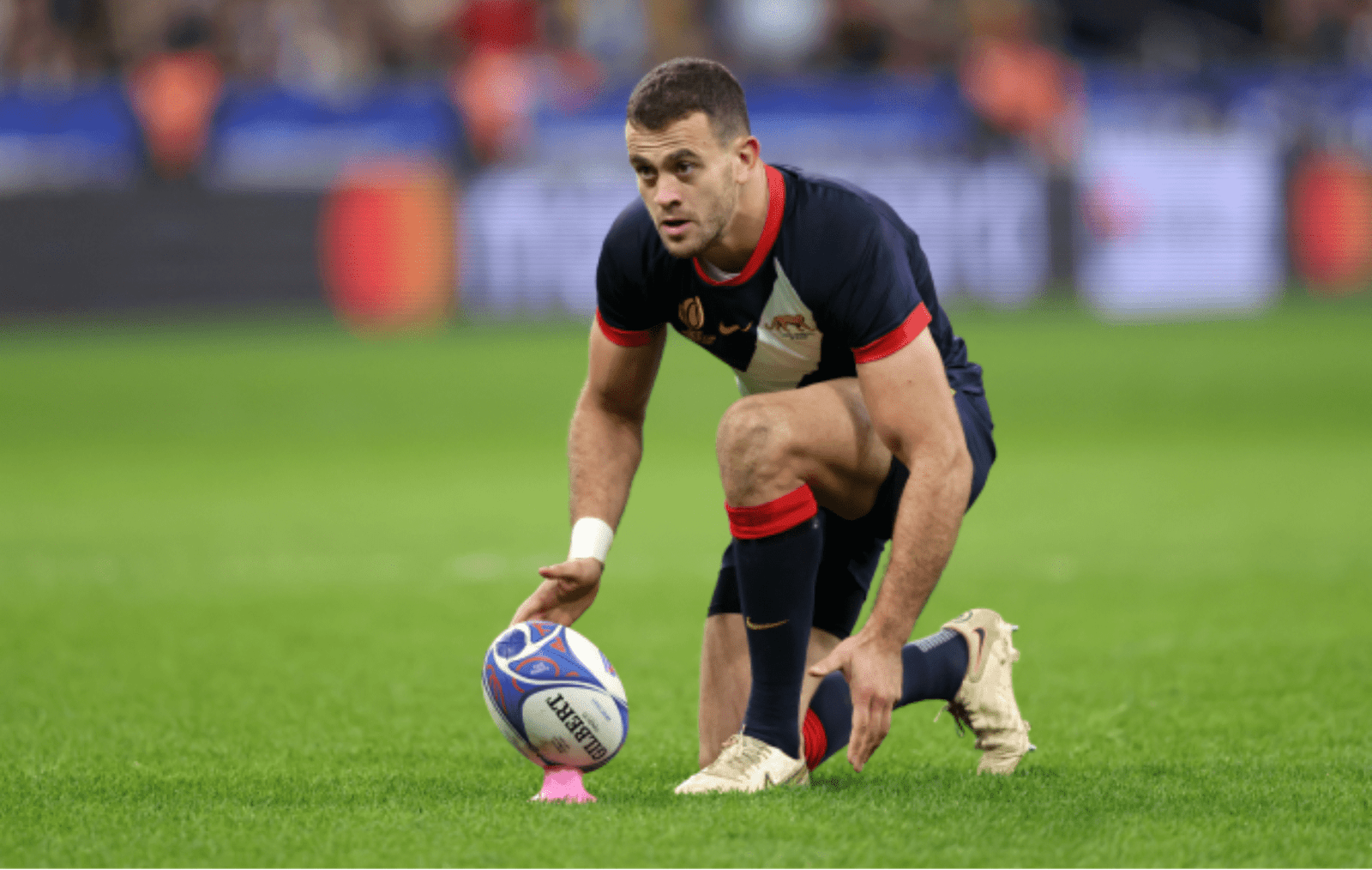 Emiliano Boffelli of Argentina lines up a conversion during the Rugby World Cup France 2023 Bronze Final match between Argentina and England at Stade de France on October 27, 2023 in Paris, France. (Photo by Paul Harding/Getty Images)