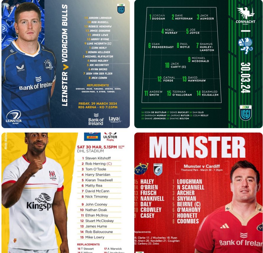 URC Fixtures - Connacht, Leinster, Munster and Ulster starting teams