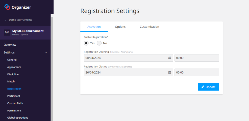 Registration section of the Toornament interface