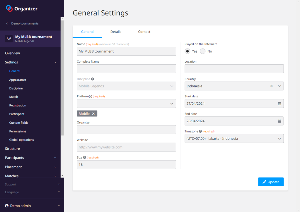 Toornament settings interface to create your MLBB tournament