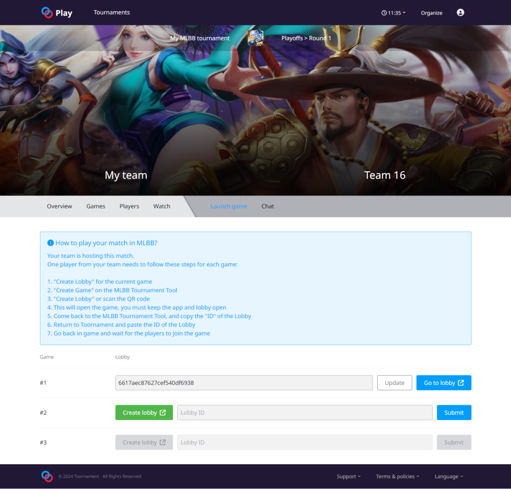 Team public interface to launch MLBB game lobby and play match